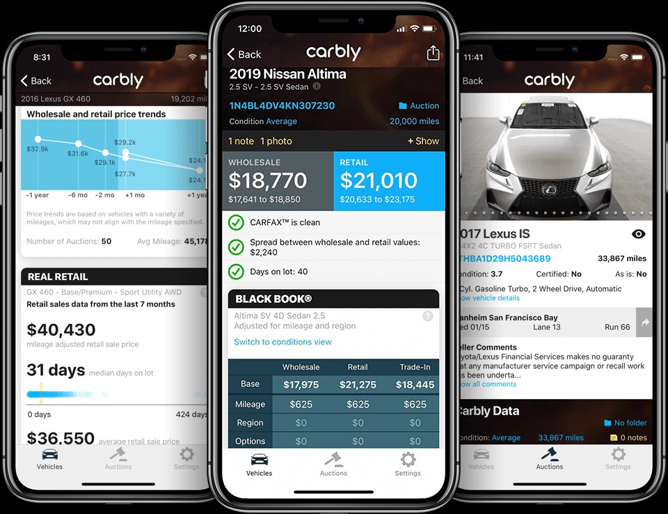 Carbly app screenshots showing vehicle valuation, wholesale and retail price trends, and auction data